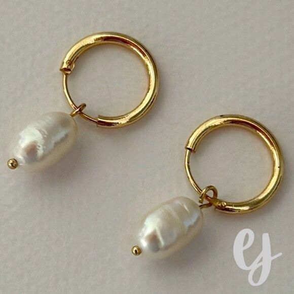 Camille Gold Tone Hoop Earrings with Cultured Baroque Pearls – 1” Drop - Picture 4 of 8